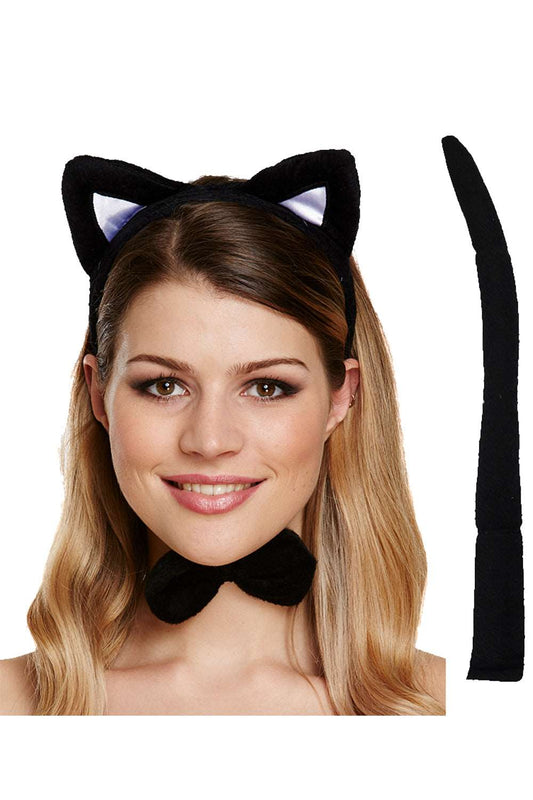 Black Cat Costume Ears Necktie And Tail Set Fancy Dress 3pc Cat Set