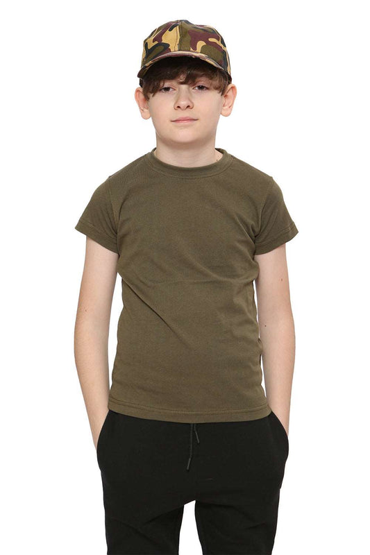 Kids Khaki Green Crew Neck Army Childrens T-Shirt Boys Fancy Dress