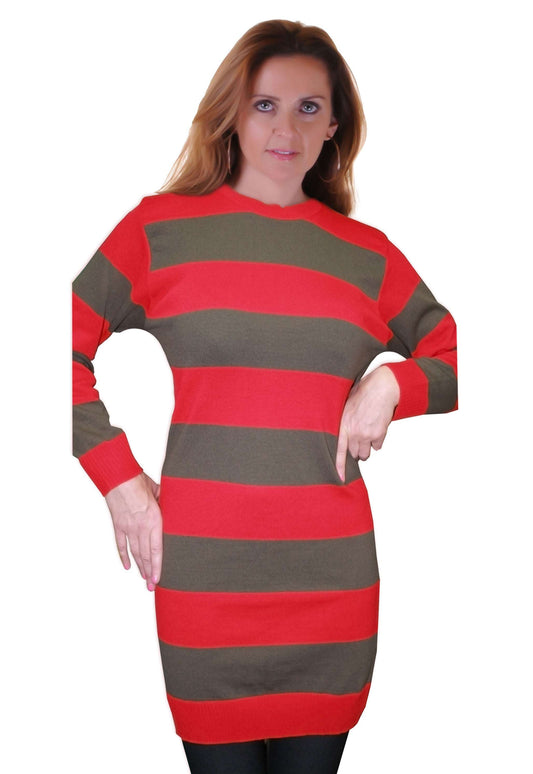 Womens Red And Green Freddy Krueger ELF Fancy Dress Stripe Knitted Jumper