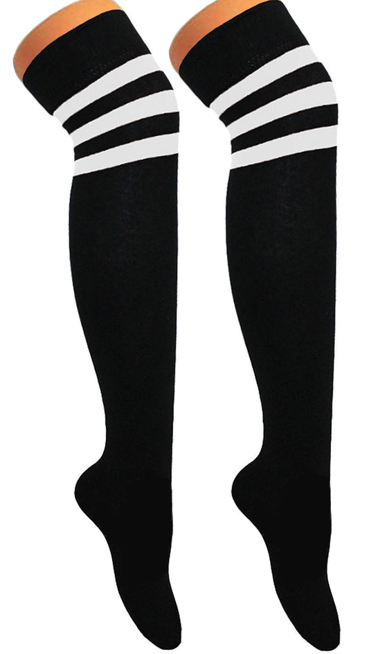 Ladies Over The Knee Thigh High Black 3 White Stripe 118 - 118 Referee Socks Cotton Rich Sox