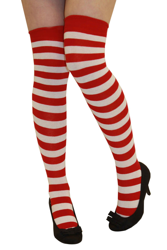 Red And White Stripe Over The Knee Socks Wheres Wally Women's Book Week Fancy Dress Accessory
