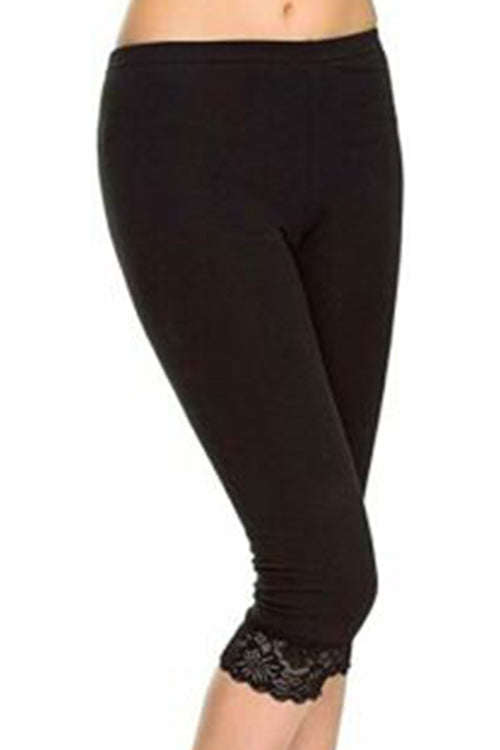 Womens 3/4 Length Black Dancing Gym Leggings Active Casual Lace Trim Running Pants