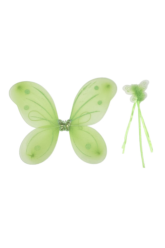 Girls Green Glitter Butterfly Wings & Wand Fancy Dress Party Childrens Accessory