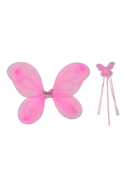 Girls Pink Glitter Butterfly Wings & Wand Fancy Dress Party Childrens Accessory