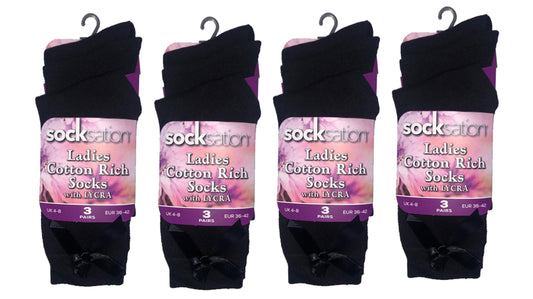 Crazy Chick Adult Ankle Cotton Rich Black Socks With Bow (Dozen) - Wacky Wearables 