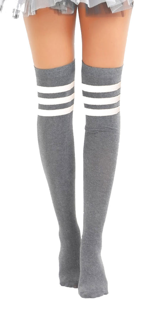 Ladies Grey 3 White Stripe Over The Knee Thigh High 118 - 118 Referee Socks Cotton Rich Sox - Wacky Wearables 